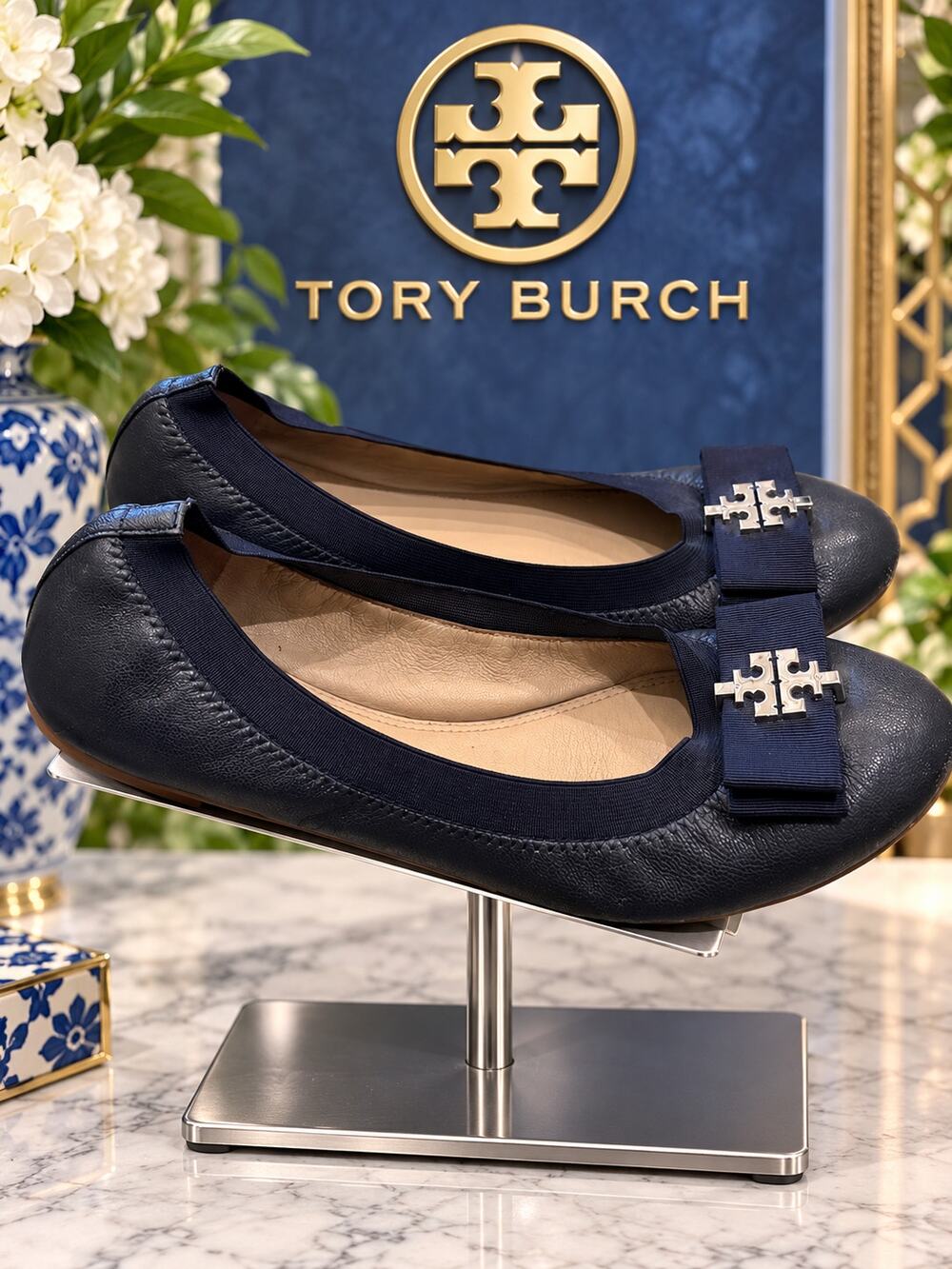 Tory Burch Navy Leather Bow Ballet Flats Women’s 8.5M Double T Logo